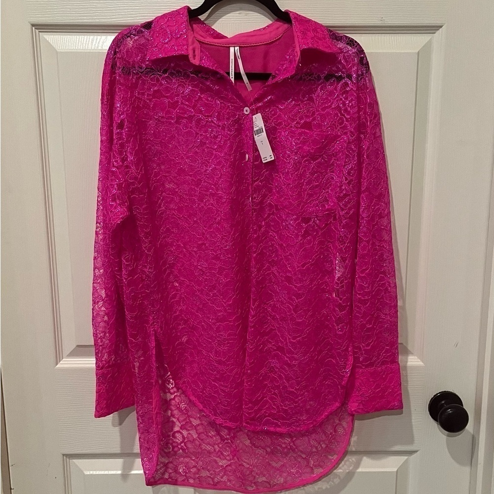 Anthropology NWT metallic lace hot pink button down, small - Picture 3 of 7